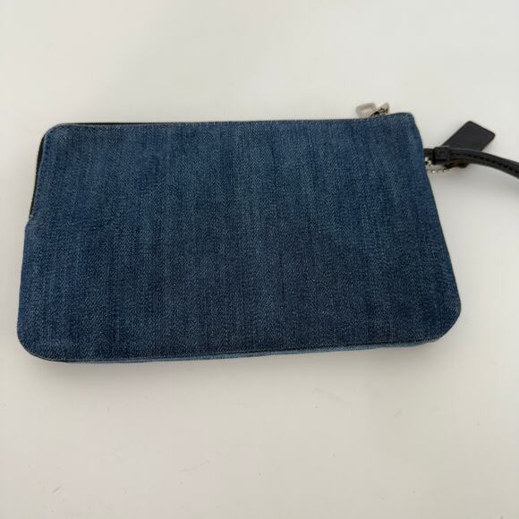 Coach Corner Double Zip Wristlet Wallet Signature Denim Leather Trim Blue 91833